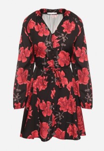Czarno-Czerwona Rozkloszowana Sukienka w Kwiaty z Guzikami i Wiązaniem w Talii Morila