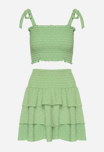 Zielony Komplet Elastyczny Top z Wiązanymi Ramiączkami i Rozkloszowana Spódnica Evialia