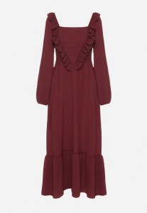 Bordowa Sukienka Długa Rozkloszowana z Ozdobnymi Falbankami Ferellia