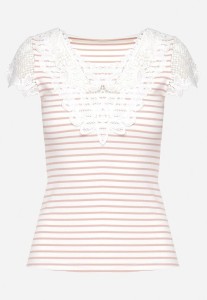 Różowy Bawełniany T-shirt Koszulka z Krótkim Rękawem z Ozdobną Koronką przy Dekolcie Carines