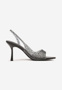 Czarne Sandały na Niskim Obcasie z Otwatrym Noskiem i Cyrkoniami Rialia
