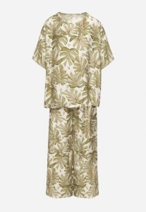 Ciemnozielony Wiskozowy Komplet z Motywem Roślinnym Szerokie Spodnie i T-shirt Evianira