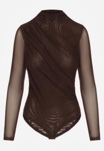 Brązowe Body Longsleeve ze Stójką z Siateczki z Domieszką Wiskozy Liravia