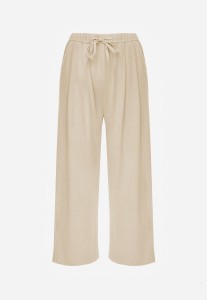 Beżowe Szerokie Spodnie Wiskozą Bawełną i Elastyczną Talią ze Sznurkiem Arkinae