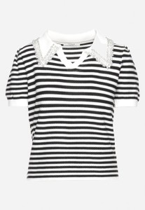 Biało-Czarna Bluzka w Paski z Wiskozy Kołnierzyk Ozdobiony Cyrkoniami i Perełkami Lexara