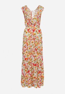Żółto-Czerwona Sukienka Maxi z Trójkątnym Dekoltem i Kwiatowym Motywem z Falbanką Moraila