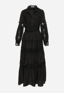 Czarny Koronkowy Komplet z Wiskozy Spódnica i Bluzka z Ażurowymi Wstawkami Mintta