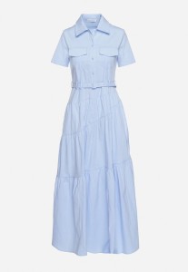 Niebieska Taliowana Sukienka z Bawełny w Koszulowym Stylu z Imitacją Kieszeni Masefia