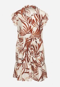 Brązowa Sukienka z Wiskozą Lnem Bawełną i Motywem Liści Lilumea