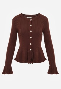 Brązowy Elegancki Kardigan z Wiskozy z Falbankami i Guzikami z Cyrkoniami Orsea