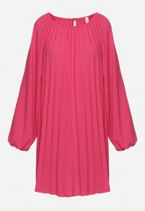 Fuksjowa Plisowana Sukienka z Bufiastymi Rękawami Perlase