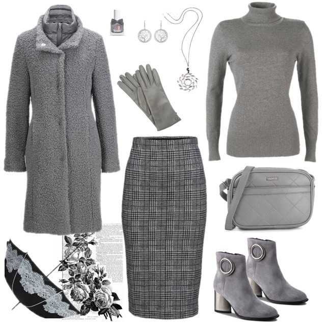 szary total look z ołówkową spódnicą