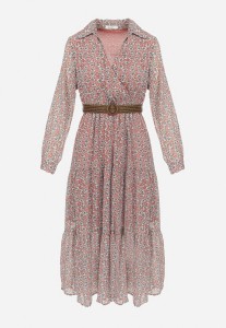 Różowa Sukienka Rozkloszowana w Kwiaty z Paskiem Khito