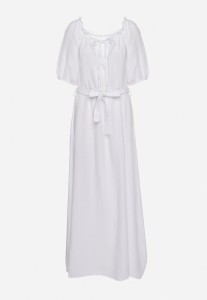 Biała Trapezowa Muślinowa Sukienka z Bawełny z Paskiem i Gumką w Talii Vimarinn