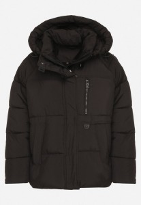 Czarna Oversizowa Kurtka z Pikowanymi Przeszyciami i Kapturem Galimea