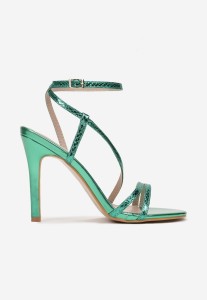 Zielone Metaliczne Sandały na Szpilce z Cienkimi Paskami z Ozdobnym Tłoczeniem Stacia