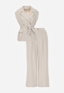 Beżowy Wiskozowy Komplet Garniturowy Spodnie Wide Leg i Kamizelka z Paskiem Elyenryl