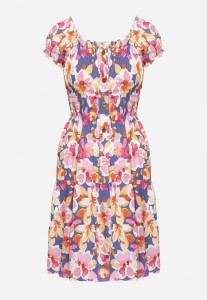 Niebiesko-Różowa Rozkloszowana Bawełniana Sukienka z Gumką w Pasie i Ozdobnymi Guzikami Nelsie