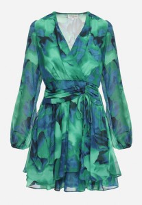 Zielona Sukienka Mini z Kopertowym Dekoltem i Wzorem Tie-Dye Arisel
