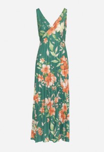 Ciemnozielona Sukienka o Rozkloszowanym Kroju z Plisami i Dekoltem w Serek Nitolina