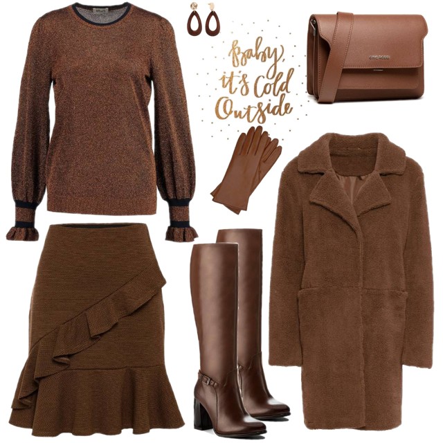 Jak nosić falbanki - spódnica midi z falbaną na dole i po skosie zestawiona z pasującym w stylu swetrem 