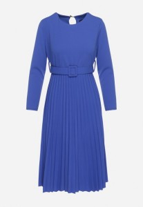 Granatowa Sukienka Midi z Plisowaną Spódnicą i Paskiem Ondinetta