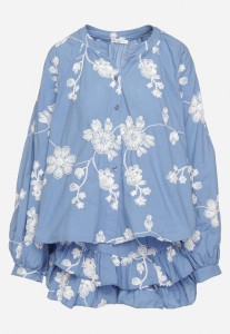 Niebieski Bawełniany Komplet Koszula z Szerokimi Rękawami i Spódnico-Spodenki Savrise