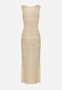 Beżowa Dopasowana Sukienka z Ażurowego Materiału Wykończona Metaliczną Nitką Trinesa