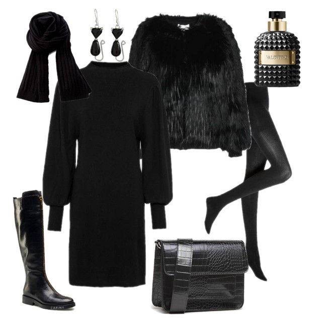Elegancki total look z czarnym sztucznym futerkiem 