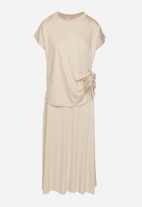 Beżowy Komplet z Wiskozą Spódnica i Bluzka z Wiązaniem Davissael