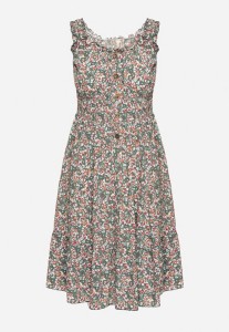 Zielono-Różowa Rozkloszowana Sukienka z Bawełny Wykończona Gumką w Talii Nelaris