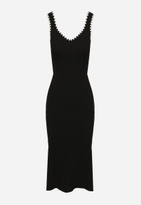 Czarna Sukienka Dzianinowa o Taliowanym Kroju na Ramiączkach z Lamówką Zenlimi