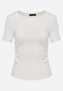 Biały Prążkowany T-shirt Ozdobiony po Bokach Marszczeniem Nedisa