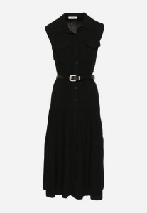 Czarna Koszulowa Sukienka z Wiskozy z Bawełną Ozdobiona Paskiem Rivebia