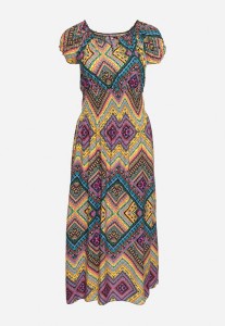 Żółto-Fioletowa Bawełniana Sukienka o Rozkloszowanym Kroju z Gumką w Pasie i Wiązanym Dekoltem Tiretta