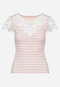 Różowo-Biały Bawełniany T-shirt z Prążkowanego Materiału z Koronkowym Dekoltem i Rękawkami Hyacintia