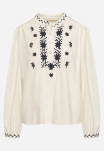 Beżowa Koszula z Bawełny ze Stójką i Guzikami Zdobiona Haftem Gonithiel