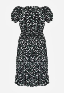 Czarna Bawełniana Sukienka Hiszpanka w Kwiaty z Marszczoną Gumką w Talii Rosaliya