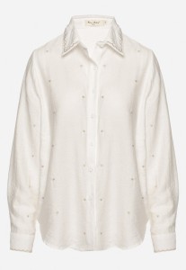 Biało-Beżowa Wiskozowa Koszula z Haftowanymi Sercami Kollireia