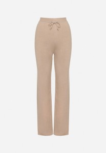 Beżowe Ocieplane Spodnie Dzianinowe o Szerokim Kroju Miorea