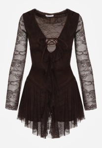 Brązowa Koronkowa Sukienka Wieczorowa z Wiązaniem przy Dekolcie Ferolena