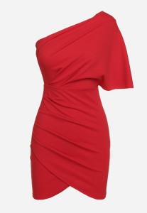 Czerwona Asymetryczna Sukienka z Ozdobnym Drapowaniem Aerlia