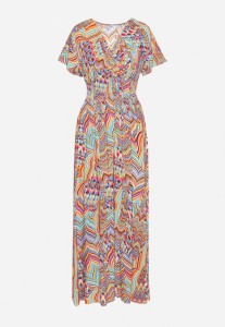 Pomarańczowa Sukienka Maxi z Wiskozy z Gumką w Talii w Stylu Etno Daliora