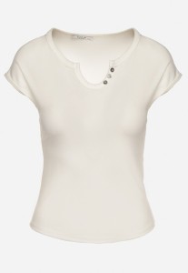 Biały T-shirt o Dopasowanym Kroju z Wycięciem i Guzikami przy Dekolcie Ballirea
