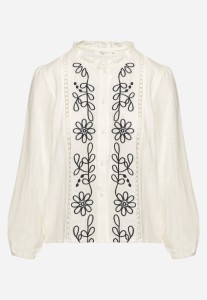 Beżowa Koszula z Bawełną i Wiskozą Ozdobiona Haftem Nalaviris