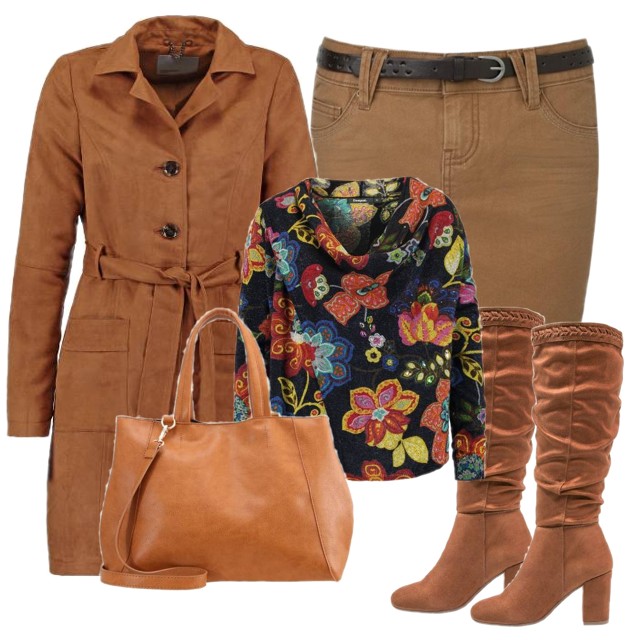 Brązy w zestawieniu z kolorowym  swetrem w kwiaty