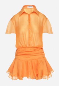 Pomarańczowa Koszulowa Sukienka z Krótkim Rękawem i Falbankami Miradira
