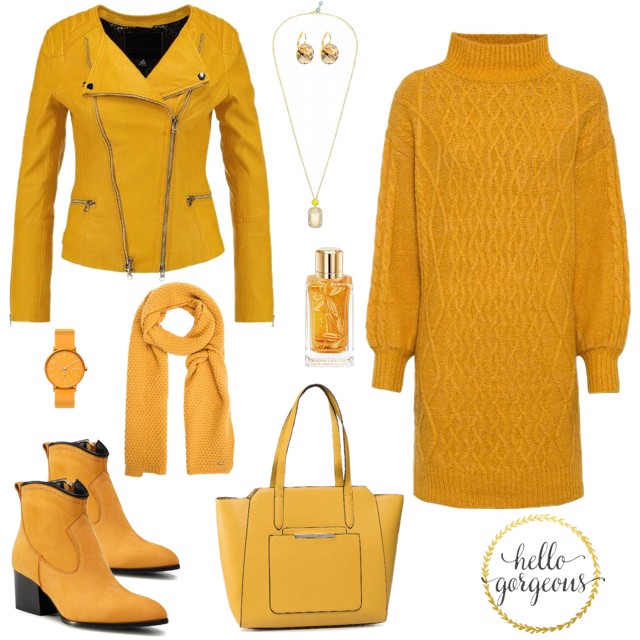 Musztardowa stylizacja ze sweterkową sukienką