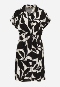 Czarna Taliowana Sukienka z Wiskozą z Geometrycznym Wzorem Galadira