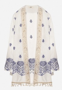 Białe Bawełniane Ponczo z Haftem Cekinami i Frędzlami Nalurina
